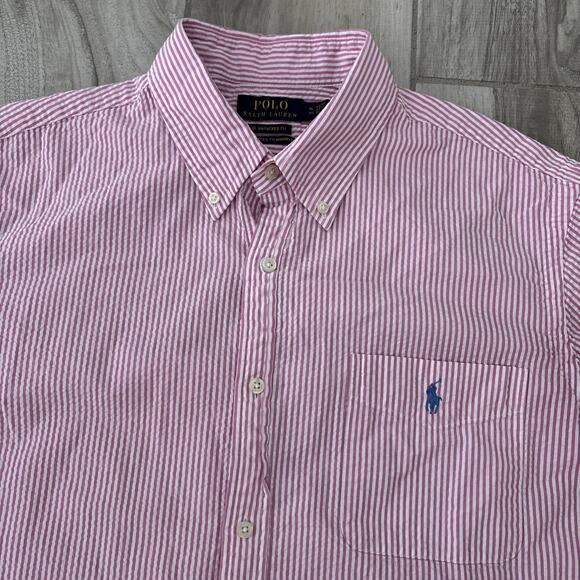 Polo Ralph Lauren Shirt Men XL Pink RL Untucked Fit Seersucker Pony Button Down - Picture 1 of 8